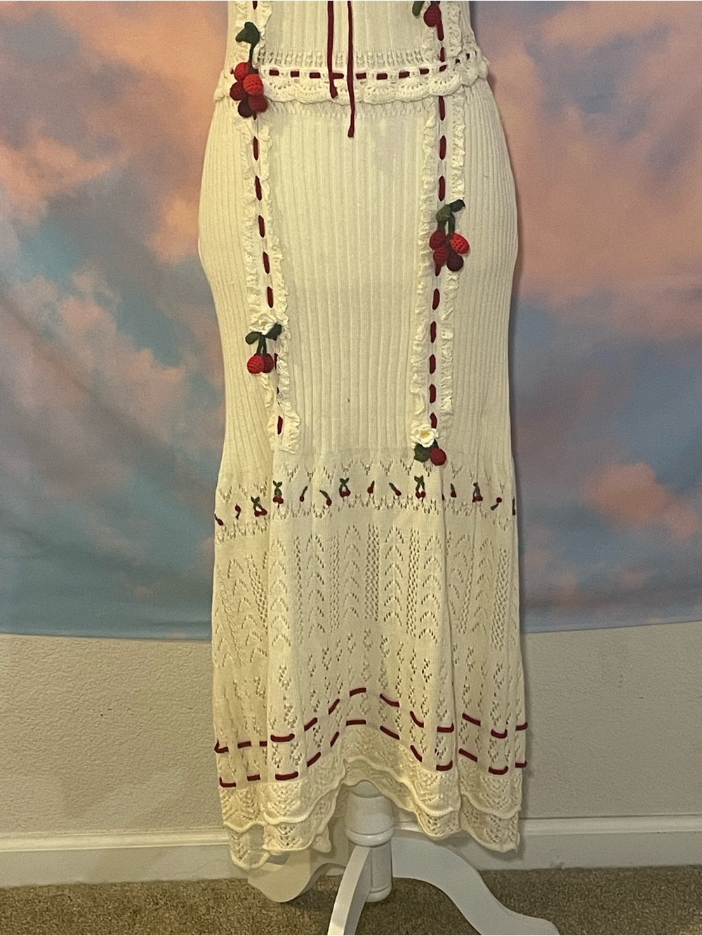NWT: Gorgeous Lace Made Cream Knit w/Red Ribbon & Cherry Crochet Details - Picture 6 of 15